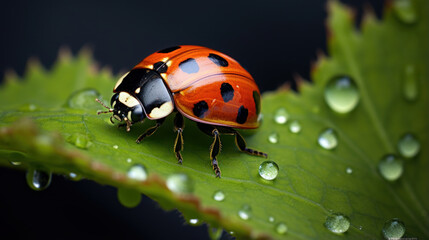 Wall Mural - A ladybug on a green leaf