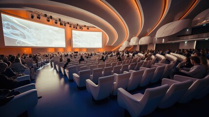 Poster - Digital marketing seminar in a vibrant auditorium full of business owners and marketers.