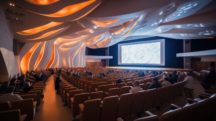 Poster - Digital marketing seminar in a vibrant auditorium full of business owners and marketers.