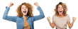 emotional, happy, excited, cheering Caucasian mother and teenage daughter celebrating. on transparent background