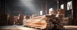 A stack of wooden boards in a warehouse, Lumber factory or sawmill, logging and planks, building wood materials.