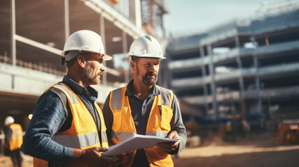 Aufkleber - Two mature building contractors discussing work while standing on construction site.