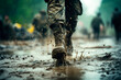 Close up legs of a soldier running on rainy muddy battlefield ground