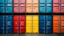 Colorful shipping containers lined up at a shipping port