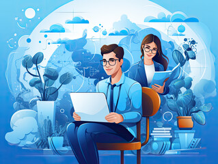 The office based business people using computer working online, flat cartoon character illustration