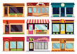 Facades stores or shops exteriors. Pharmacy or bistro cafe, retail. Street business buildings fronts isolated on white background. Colorful vector illustration in cartoon flat style