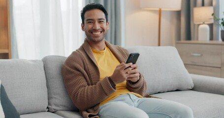 Poster - Home cellphone, relax and happy man typing, texting and reading funny email, social media blog and contact web user. Living room couch, mobile smartphone and apartment portrait of networking person