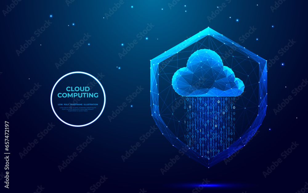 Abstract security shield and glowing blue cloud with binary code in low ...