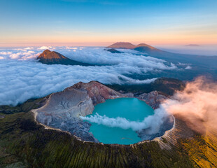 Aerial view of mount Kawah Ijen volcano crater at sunrise, East Java, Indonesia