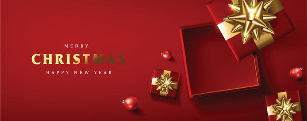 Wall Mural - merry christmas and happy new year promotion banner with open box festive decoration for christmas
