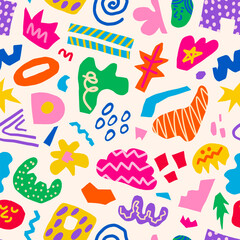 Wall Mural - abstract seamless pattern of colorful hand drawn various shapes, curls, forms and doodle objects. mo