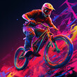Man doing tricks with the bmx on a neon background. Bike stunts.