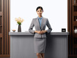 Within the front office of the hotel, a commercial style photo for hospitality service features  portrait of a young and beautiful Asian lady as a receptionist, extending a warm and inviting gesture.
