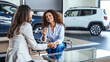© Dragana Gordic - Saleswoman and a female customer in a car dealership. Sales manager explaining looking at clipboard and explaining the car features to woman customer in showroom.