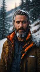 Wall Mural - frozen bearded middle-aged man, beard with snow and frost, snow falling behind him high mountains with fir forest