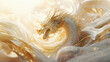 神々しい白龍は金色と白のドレープをまと。シルクタッチの輝きと高級感ある横長生成AI画像