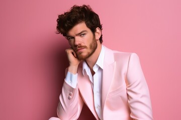 Wall Mural - a cropped shot of a stylishly dressed man posing against a pink background