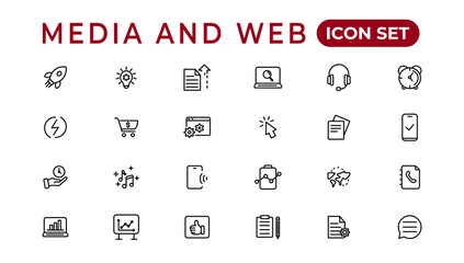 Fototapete - Media and Web icons in line style.Data analytics,Digitalmarketing, Management, Message, Phone. Vector illustration.