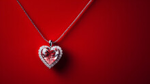 Luxury Heart Necklace With Stylish Diamonds On Red Background