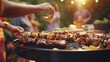 © Ameer - Joyful Backyard Barbecue Gathering with Friends and Family Grilling Skewers, Smoke-Filled Air, and Picnic Tables