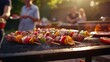 © Ameer - Joyful Backyard BBQ Gathering: Friends and Family Grilling Delicious Skewers at Stone Grill, Smoky Ambiance
