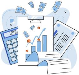 Fototapete - Investment analysis, financial planning, calculation, data exploration, business concept for strategic marketing with report, money and accounting documents. Examination of income statement
