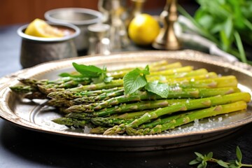 Sticker - bunch of asparagus with crispy tips on a silver platter