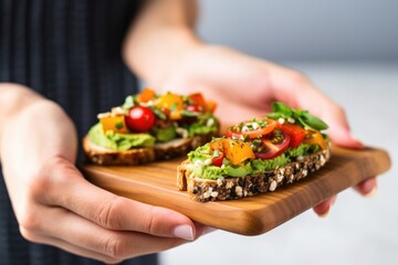 Wall Mural - hand holding two pieces of avocado bruschetta over a grey table