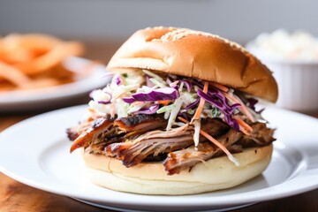 Wall Mural - close-up of a pulled pork sandwich with coleslaw on a white plate