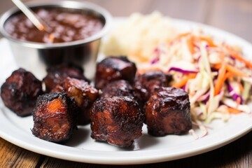 Sticker - bbq burnt ends with a side dish of coleslaw on a plate