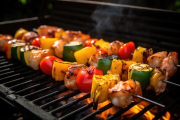 Sticker - bbq grill with skewers of shrimp and vegetables