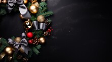 New Year And Christmas Wreaths And Gifts On Black Textured Background, Unique Multicolored Silk Shakrfs, Free Space For Design