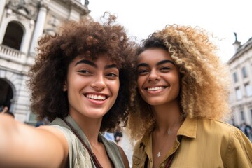 shot of two friends taking a selfie while on a walking tour of history