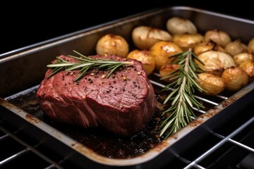 Sticker - beef roast, garlic cloves, and rosemary on a stainless steel grill pan