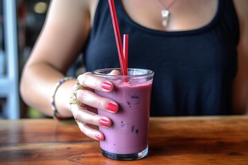 Wall Mural - hand taking a sip of berry smoothie using a steel straw