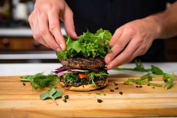 Canvas Print - chefs hand garnishing a black bean burger with herbs