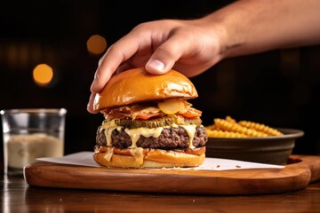 Wall Mural - open-hand revealing a classic cheeseburger with fries