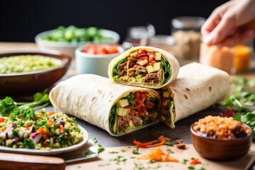 Canvas Print - burrito being prepared with fillings spread out