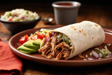 Canvas Print - juicy pulled pork burrito on a rustic ceramic plate