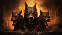 Illustration Of Cerber Hound Of Hades, Guardian Of The Underworld. A Scary Fierce Beast Dog With Three Heads. A Frightening Dog, Cerberus, Guardian Of Hell, With Fire.