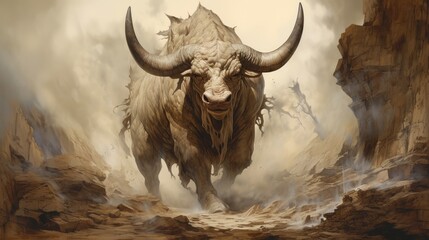 Wall Mural - Art of a Cretan bull an ancient wild bull. Illustration of a fantasy Greek animal. Fantasy art of a mythological Greek Cretan bull running in the wild.