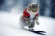 A cute cat enjoying skiing in the snow during Christmas. Generative AI