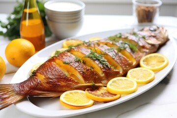 Sticker - fish glazed with citrus on white platter, whole lemons in background