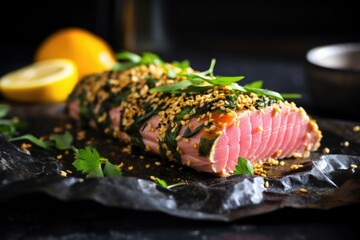 Sticker - grilled tuna steak with a sesame seed crust