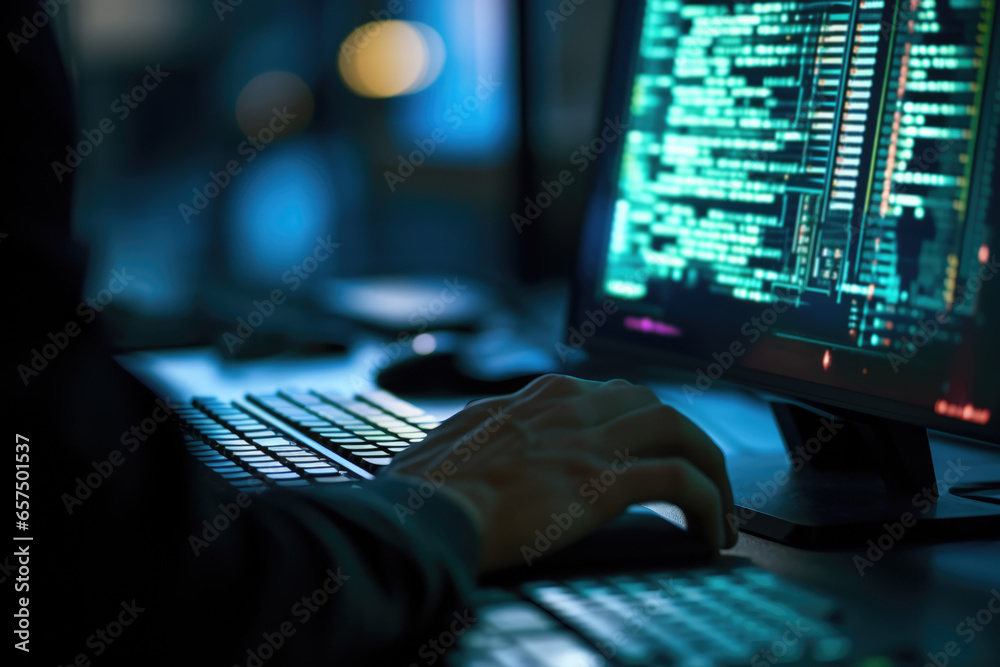 Hands on a keyboard with lines of code on the monitor - Detailed coding work Closeup - AI Generated