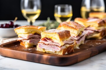 Sticker - neatly placed monte cristo sandwich on a serving tray