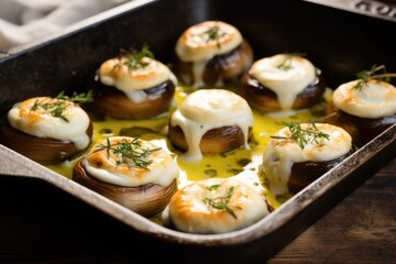 Poster - cremini mushrooms filled with melty camembert in a baking tray