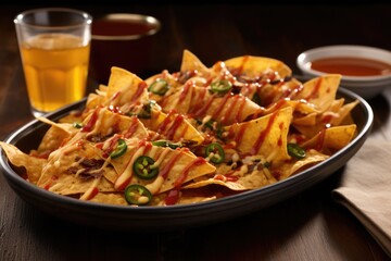 Wall Mural - nachos drizzled with hot sauce on a ceramic dish