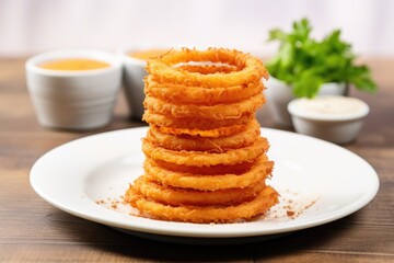 Poster - a tower of onion rings on a plain white plate