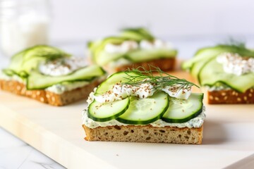 Poster - open-faced sandwich with cucumber, cream cheese, and dill on white bread